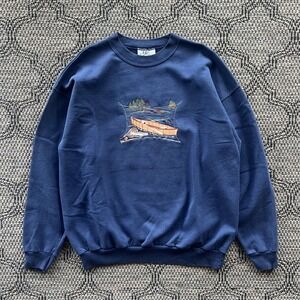 Vintage Fishing Sweatshirt Mens Large Blue Embroidered Canoe Nature Outdoors
